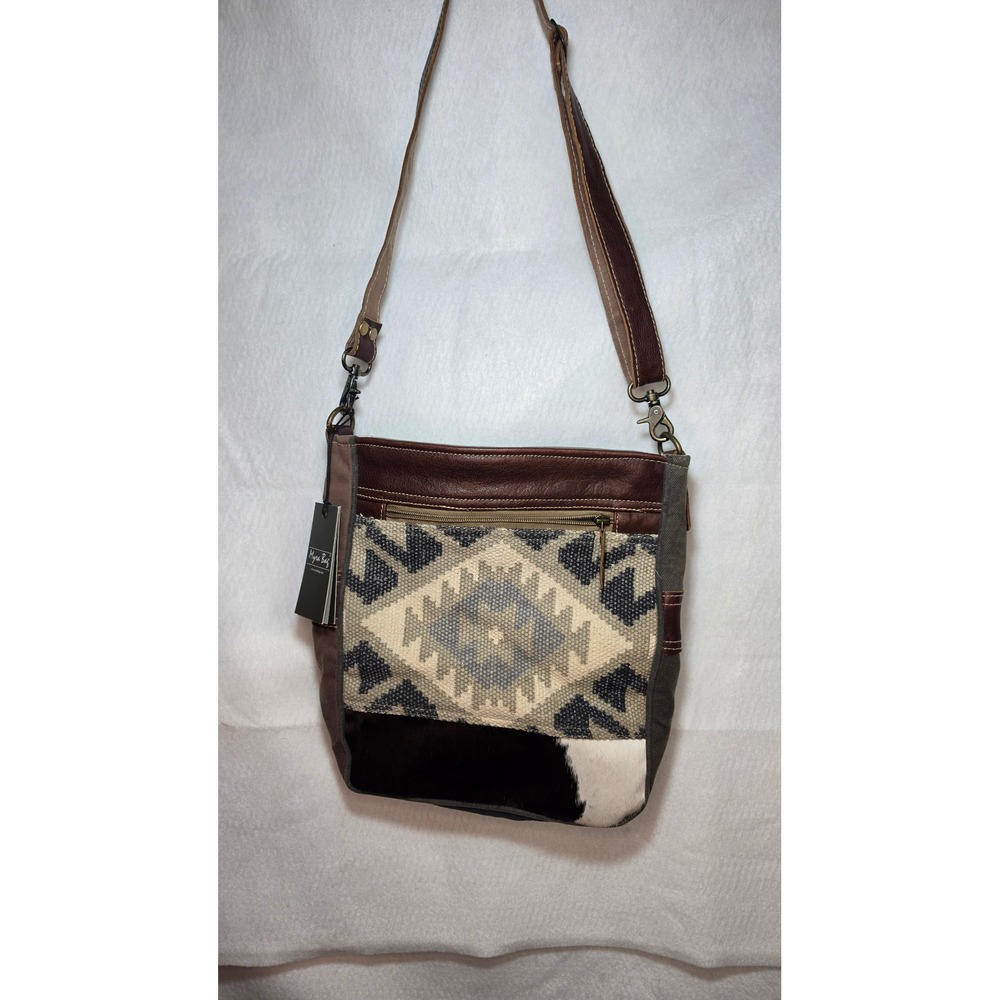 Myra Bag S-1279 Western Crossbody Canvas Leather Cowhide Rug Pattern NWT